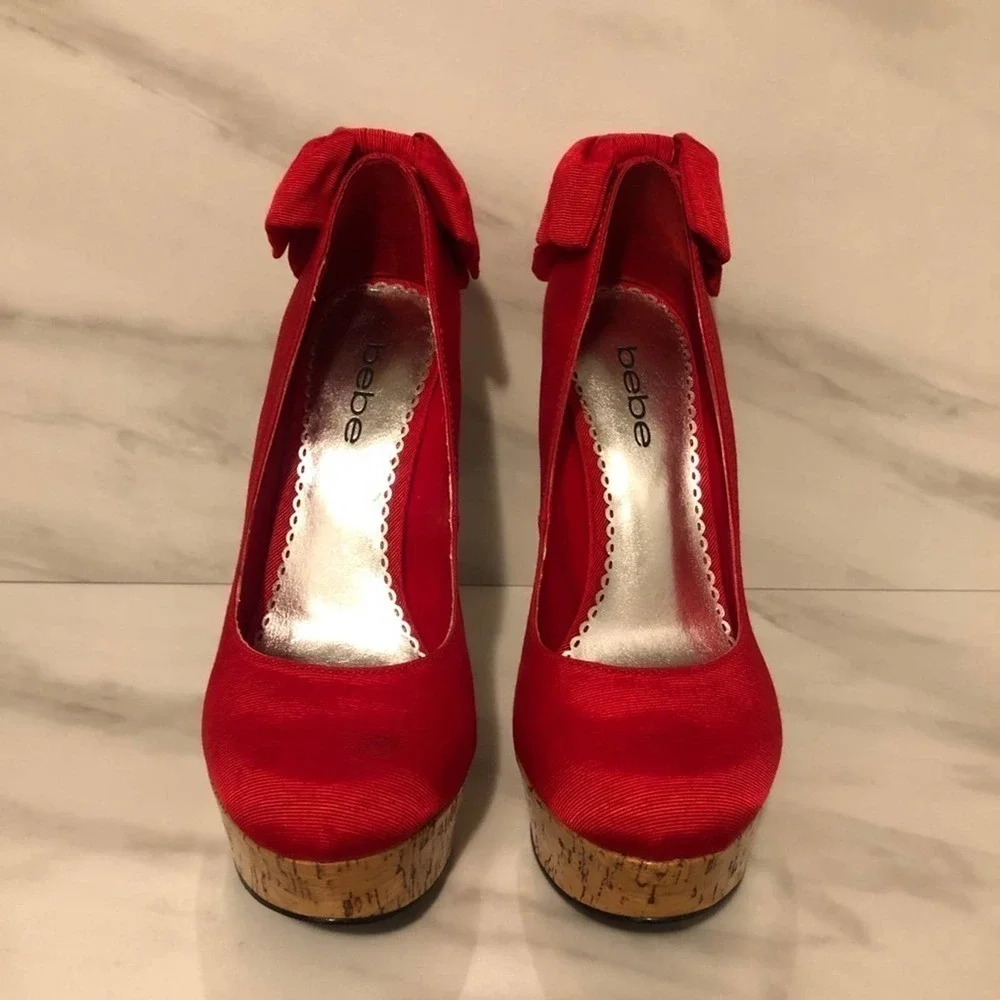 Bebe Stiletto High Heels Kahilia Ruby Red Size 8 Platform Cork Bow Formal